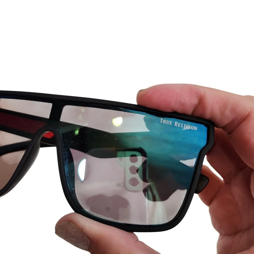 TRUE RELIGION Sunglasses Mens Black Blue Shield Mirrored Reflective TRM1799
